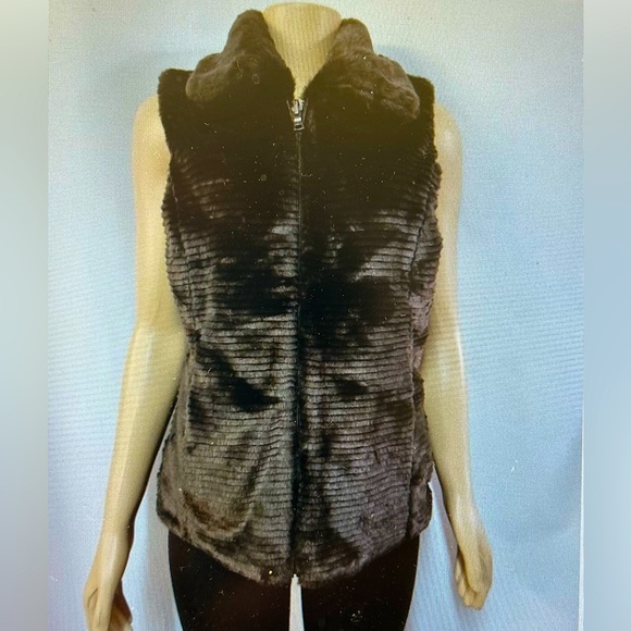 NWT LIZ CLAIBORNE REVERSIBLE FAUX FUR ZIPPER FOUR POCKETS chocolate brown 3x - Picture 1 of 10